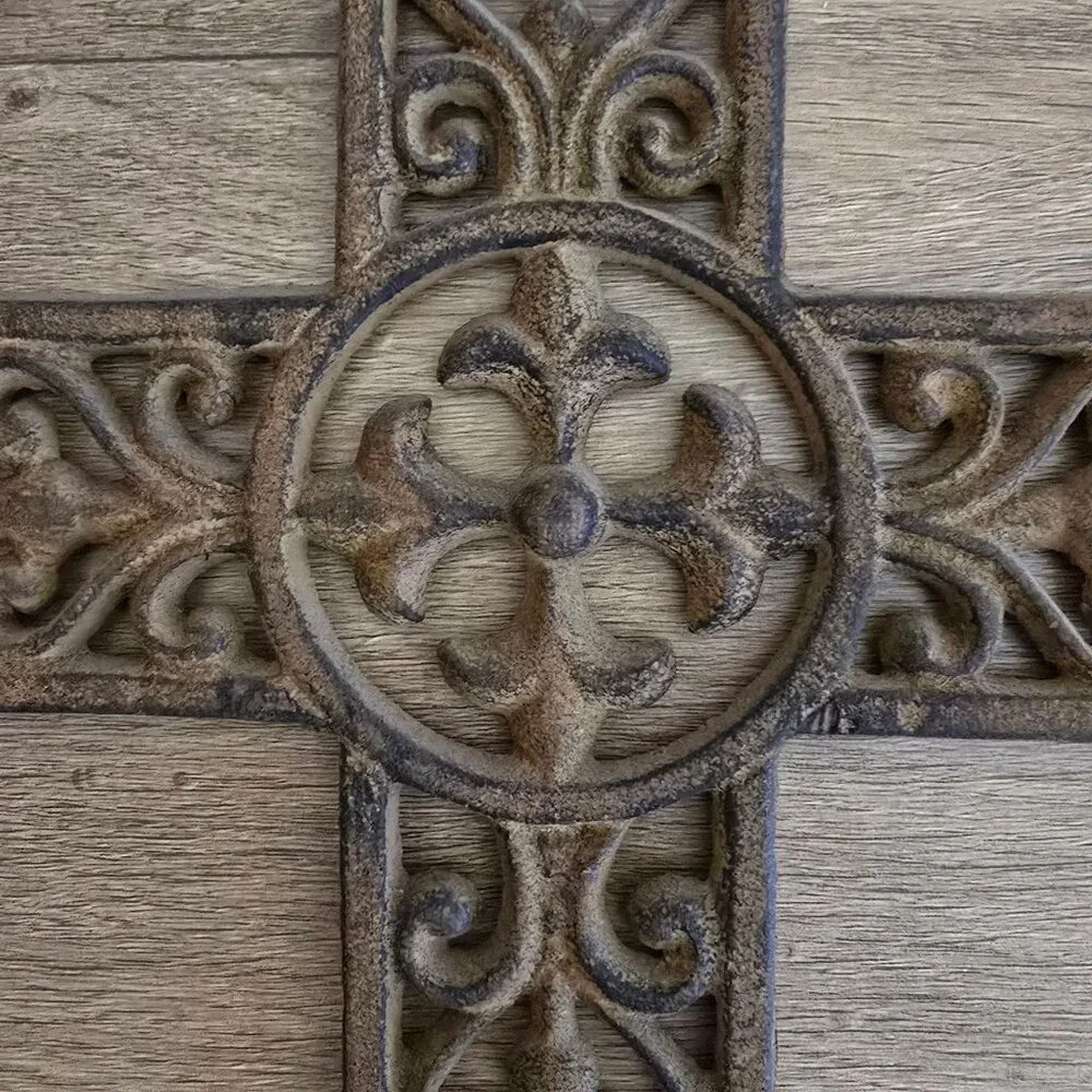 Cast Iron Hanging Cross Scrollwork Rustic Brown Finish Religious Heavy - Picture 3 of 10
